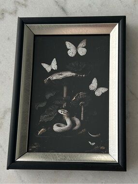 Framed Dark Botanical Print with Snake & Butterflies